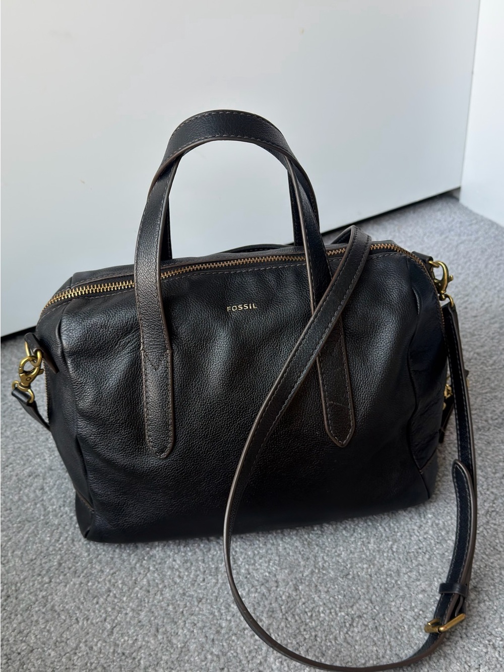 Fossil Black Leather Satchel with Gold Hardware